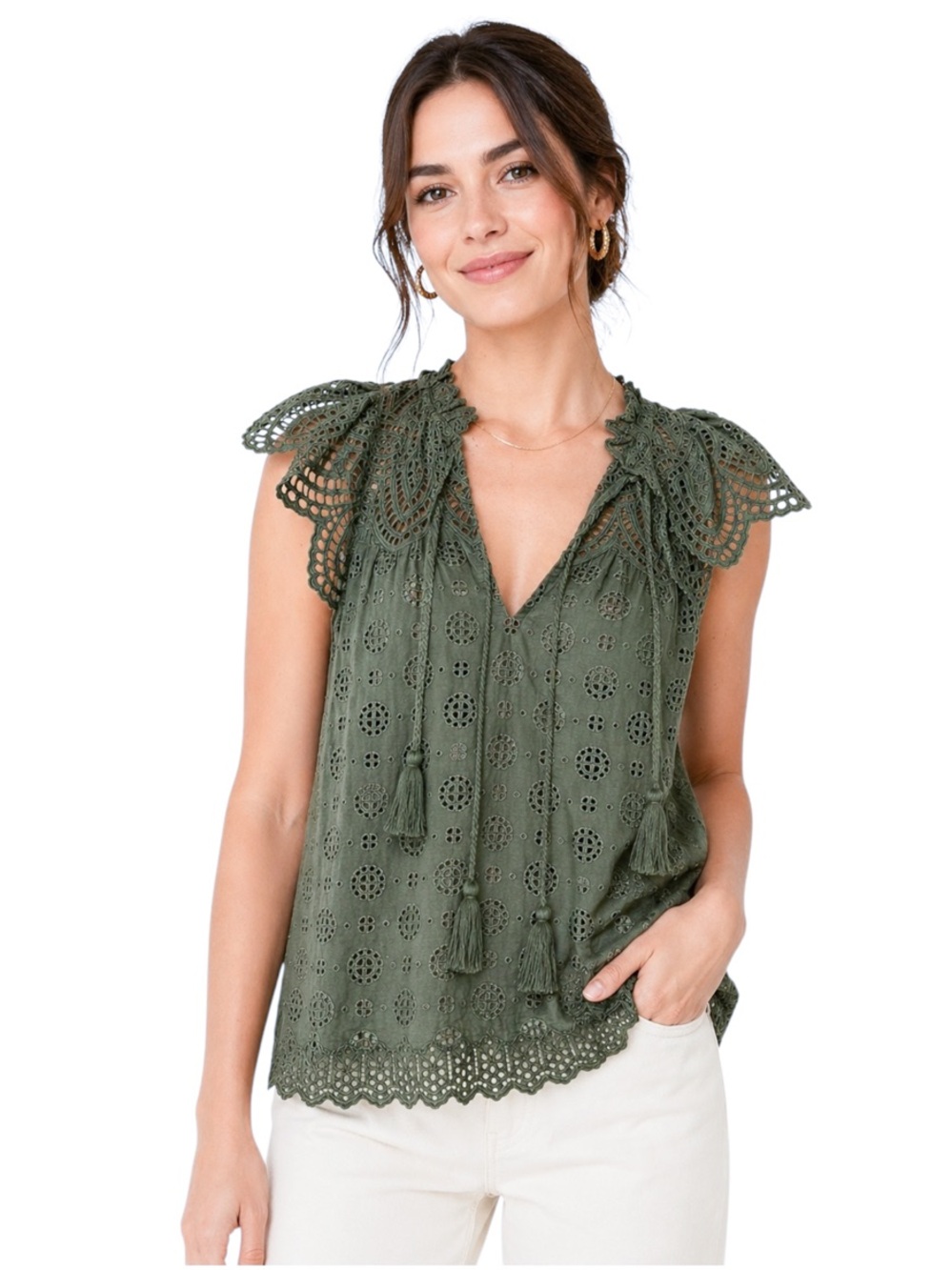 Ulla Johnson Olive Eyelet Lace-Trim V-Neck Camisole